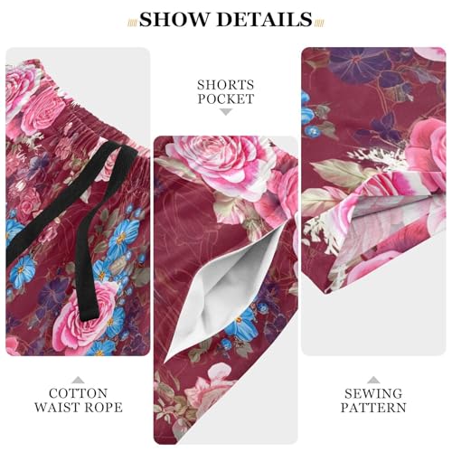 Rose Floral Red Pajama Shorts for Men Lounge Pants Sleep Lounge Pant Mens Casual Pajama Shorts with Pockets, S-XXL-XXL4