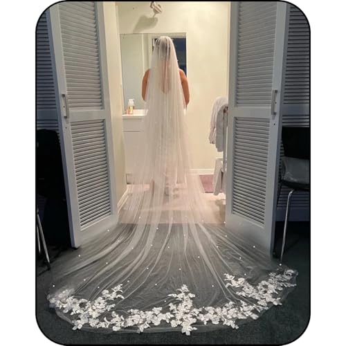 ويزتيز طرحة زفاف من الدانتيل والزهور، طرحة زفاف من طبقة واحدة من اللؤلؤ والكريستال بطول طرف الاصبع، طرحة عروس قصيرة مع مشط معدني، عاجي، 1