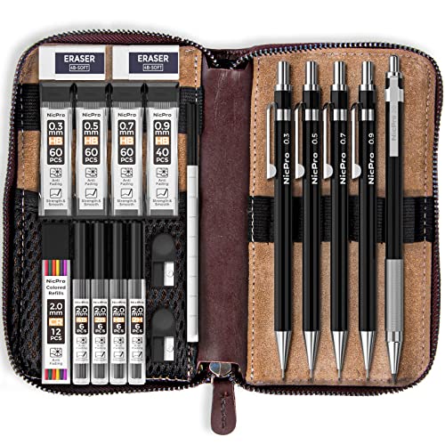 Nicpro 20Pcs Black Metal Mechanical Pencil Set In Leather Case, 0.3, 0.5, 0.7, 0.9 Mm & 2Mm Lead Pencil Holders, (4B 2B Hb 2H) Lead Refills (Black & Colors), Erasers For Art Drafting Sketching Drawing #TOP20