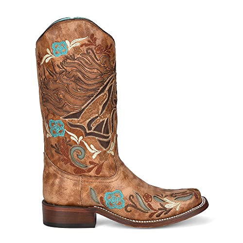 CORRAL LADIE'S SAND HORSE INLAY & MULTICOLOR EMBROIDERY SQ. TOE IRIDESCENT COLLECTION, LEATHER SOLE, WESTERN A42664