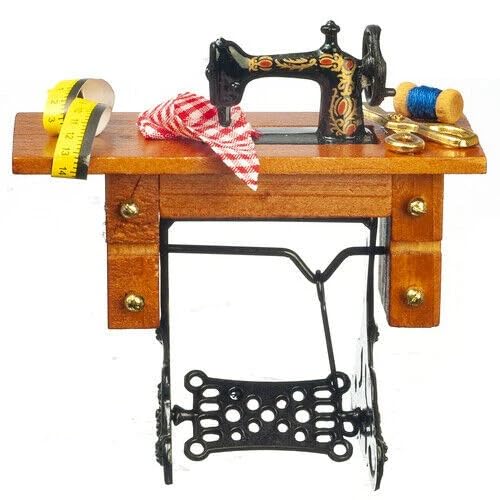 Yorkshire Miniatures Wood Sewing Machine with Accessories, Doll House Miniature, 1:12th Scale,