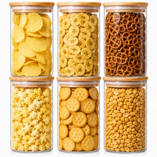 Image of Home Puff Glass Canisters for Snacks, 750ml Borosilicate Glass Jars with Airtight Bamboo Lids, Leak-Proof Kitchen Storage Containers for Namkeen, Makhana & Dry Snacks - Pack of 6