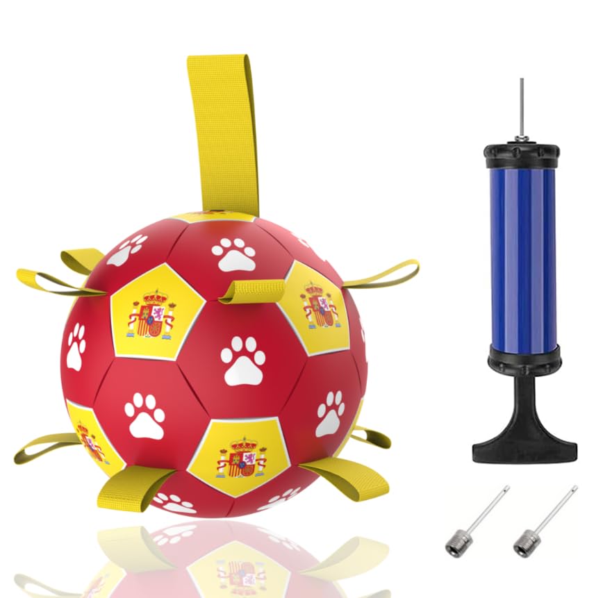 Pelota perro futbol de España, pelota interactiva perro con lengüetas de Agarre y Bomba, juegos para perros, perro playa, pelota perro grande para todo tipo de perros, Incluye Inflador y Agujas