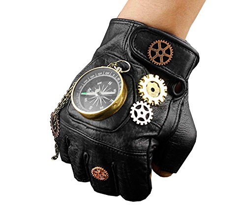 Steampunk Cosplay Compass Gears Fingerless Real Leather Gloves Men/womens (Mens size) steampunk buy now online