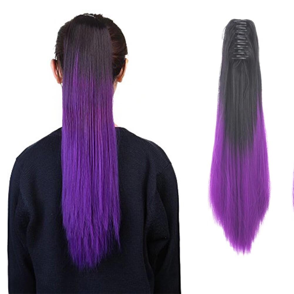 iLUU 24inch Ponytail Claw on Synthetic Hair Piece for Women Ombre Black to Purple Two Tone Heat Resistent Hair Ponytail Extensions Long Straight Hair