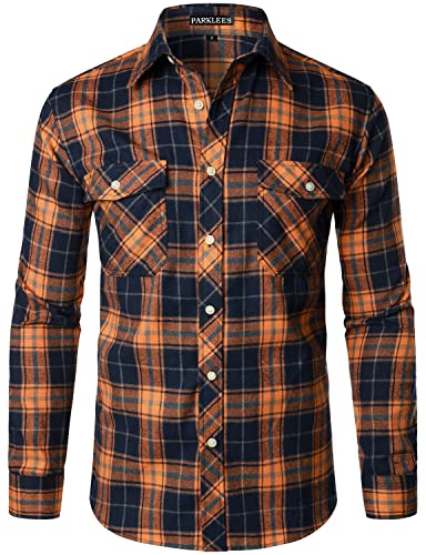 PARKLEES Men's Casual Regular Fit Button Up Flannel Checked Plaid Shirts with Pockets PZLCL41 Orange XL - Image 2