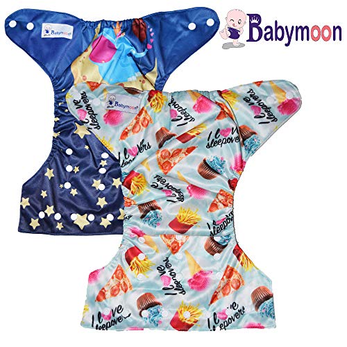 Image of Babymoon (Set of 2) Reusable Cloth Diaper, Premium Adjustable Size Waterproof Washable Pocket Cloth Diaper Nappie (Frenchfries & Moon Elephant)