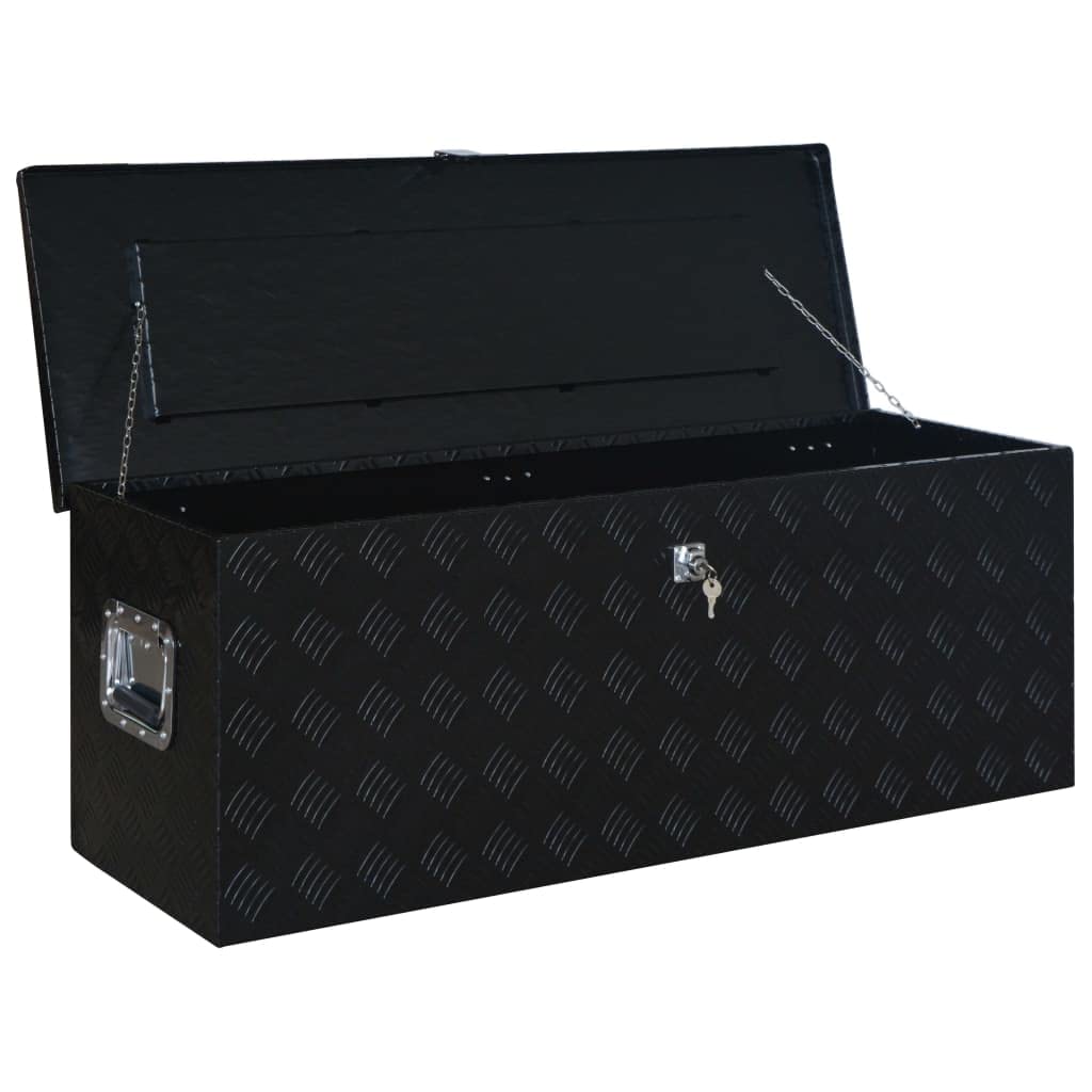 Aluminiowa skrzynka czarna, 1085 x 370 x 400 mm, z systemem zamykania i 2 kluczami, nierdzewna, lekka, do skrzynki narzędziowej, skrzynki narzędziowej, do przechowywania, transportu, garażu