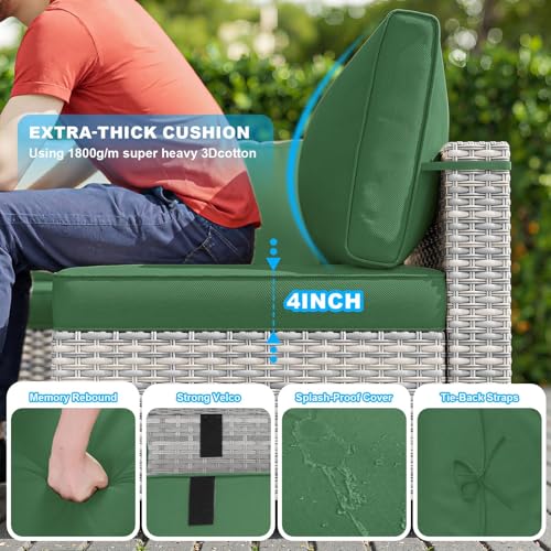 Image of Outdoor PE Wicker Rattan Modular Patio Sectional Sofa Set | 7-Piece: 6 Modular Seats & Coffee Table with Thick Cushions, Dark Green