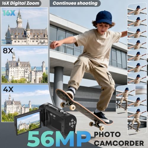 Image of 2.7K Video Camera Camcorder QHD 56MP YouTube Vlogging Camera | 16X Digital Zoom Camcorders Webcam with 32G SD Card 270 Degree Rotation Screen and 2 Batteries Recording While Charging