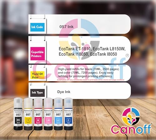 Image of CANOFF Premium 057 Refill Ink Bottle - High Page Yield, Quick Dry, Dye-Based Printer Ink for Vibrant Printing, Compatible with Epson L8050, L18050 Ink Tank Printer - 6 Color Set (057 CMYK+LM,LC Set)