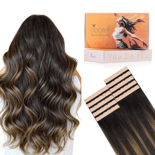 DOORES Tape in Hair Extensions, 10pcs 35g 18 Inch Balayage Dark Brown to Chestnut Brown Mini Tape Weft Extensions Invisible Remy Real Human Hair DIY Seamless Flexible Wear Silky Straight