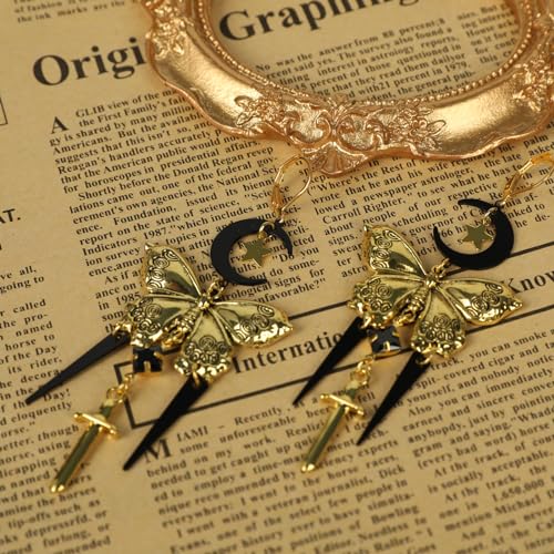 Gothic Moon & Star Butterfly Drop Earrings – Exaggerated Long Pendant Stud Earrings for Women, Vintage Brass Jewelry, Boho Punk Style Statement Piece4