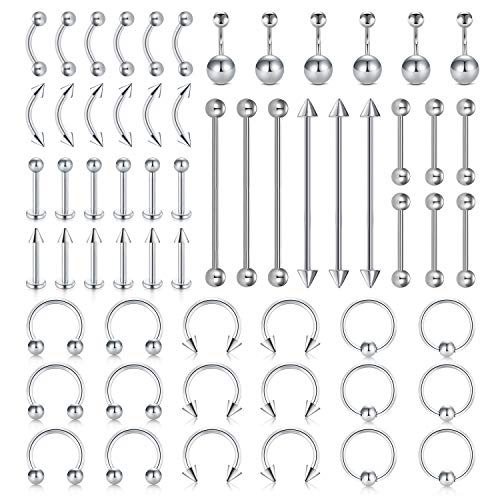 D.Bella Body Piercing Kit Stainless Steel Horseshoe Captive Nose Rings Lip Tongue Eyebrow Rings Piercing Tragus Cartilage Helix Earrings Navel Belly Button Rings Industrial Barbells 14G 16G