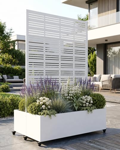 TinFrey Huerto Urbano Elevado con Celosía, Jardineras Grandes para Exterior con Ruedas y Enrejado, Macetero de Metal para Privacidad, Ideal para Flores, Verduras y Plantas Trepadoras en Balcón