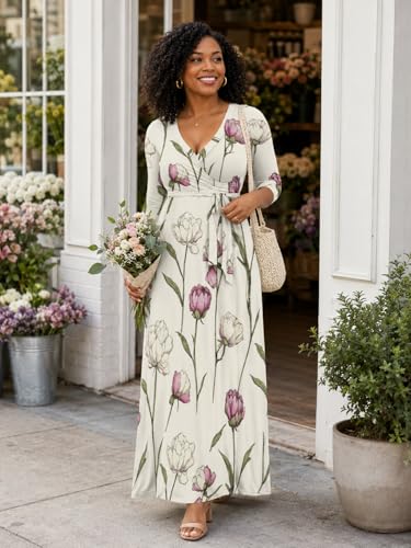 Image of SUZONANA Plus Size Dresses for Women Floral Print Maxi Dress Flowy 3 /4 Sleeve with Belt