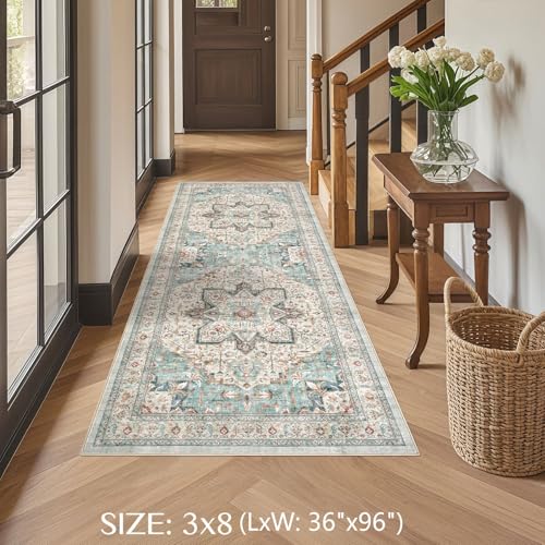 Tortania Area Rug 3x8 Runner Rugs - Washable Vintage Oriental Farmhouse Thin Indoor Carpet for Living Room Bedroom Hallway Entryway Kitchen Under Dining Table Home Office - Aqua Multi