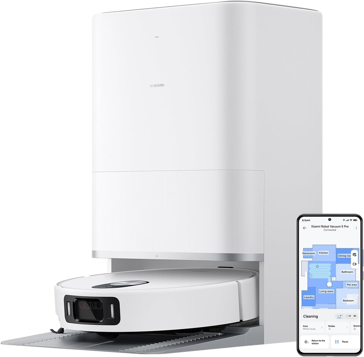 XIAOMI Robot Vacuum Cleaner, Robot Vacuum 5 Pro with Scrubbing Function, 20,000 Pa, Extendable Mop and Side Brush, All-in-One Base Station with Self-Cleaning, AI Navigation