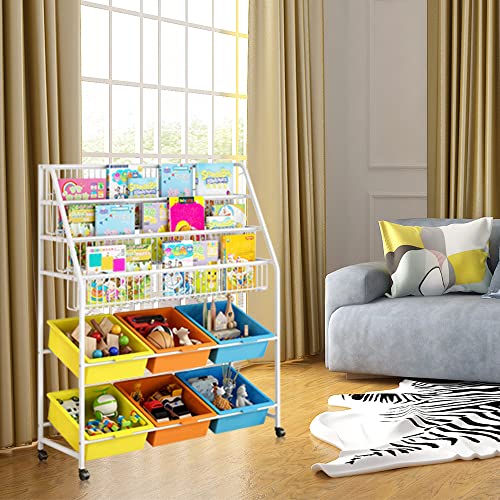 Moamun Kids Bookshelf Children Book Organizer 5 Tier Metal Kids Bookcases And Toy Storage Rack With 6 Cube Bins For Playroom Bedroom Living Room Study Room(Beige) #TOP1