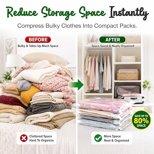 Image of Vacuum Bags for Clothes with Pump, Vacuum Storage Bags, Space Saver Compression Bags, Airtight Reusable Vacuum Packing Bags for Travel, Blanket, Bedding & Quilt Storage, Pack of 5