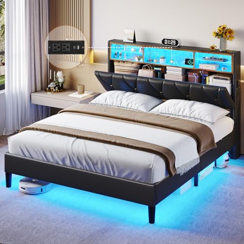 ADORNEVE Full Size Bed Frame with LED Lights and Storage Headboard, LED Bed Frame with Outlets and USB Ports, Upholstered Platform Bed with Hidden Storage, Easy Assembly, PU Black
