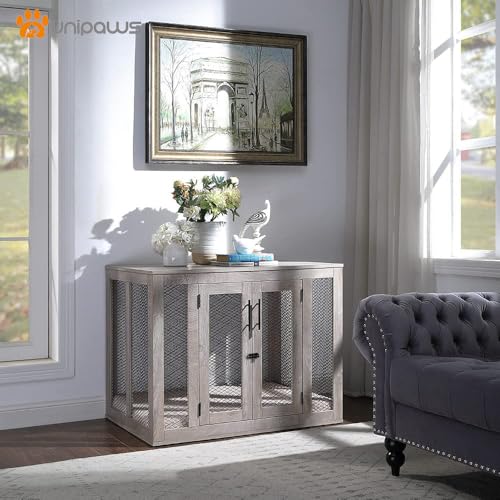 unipaws-Large-Dog-Crate-Furniture-Wooden-Dog-Kennel-for-Large-Breed-Indoor-Decorative-Wood-Dog-Cage-Inside-Side-End-Table-Crate-with-Tray-and-Dog-Bed-Dog-Enclosure-for-Dogs-Up-to-70-lbs - Cucciolini Doodles   unipaws-Large-Dog-Crate-Furniture-Wooden-Dog-Kennel-for-Large-Breed-Indoor-Decorative-Wood-Dog-Cage-Inside-Side-End-Table-Crate-with-Tray-and-Dog-Bed-Dog-Enclosure-for-Dogs-Up-to-70-lbs