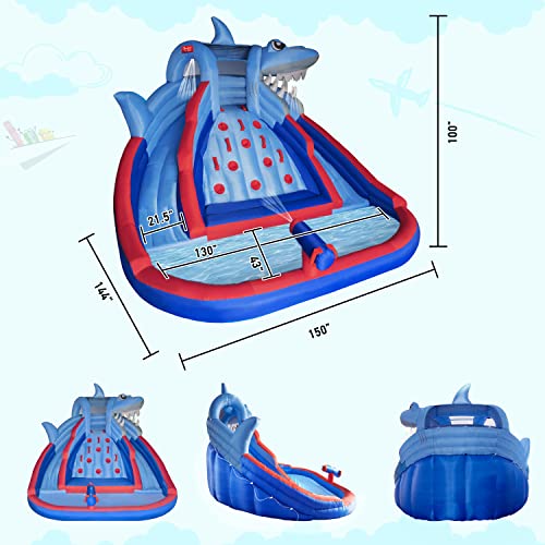 2023 Shark Inflatable Water Slide For Kids Heavy Duty Waterslide Large Pool Park Outdoor Fun Climbing Wall Two Slides Splash Gun Easy To Inflate With 750W Air Blower #TOP5