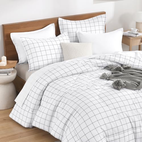 Image of Andency King Size Comforter Set White Gingham, Plaid Grid Checkered Bedding Comforter Set for King Size Bed, 3 Pieces Lightweight Reversible Modern Geometric Bedding Set(104x90 Inch)