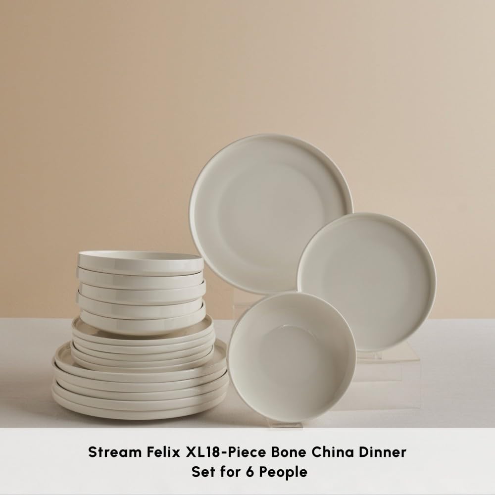 Karaca Stream Bone Felix XL - Vajilla de 18 piezas para 6 personas, elegante vajilla de porcelana de hueso, diseño moderno, apto para microondas y lavavajillas