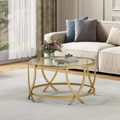 ASYA Round Coffee Table for Living Room, Gold Coffee Table with Tempered Glass & Metal Frame, Modern Glass Living Table for Home&Office - Image 4