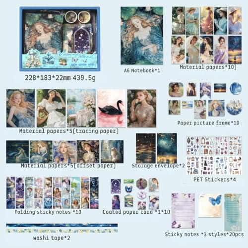 Vintage Scrapbooking Kit –124 PCS Scrapbook Supplies with Washi Tape, Scrapbooking Stickers, A6 Grid Notebook for DIY Bullet Journaling & Planner Crafts Gift for Girls Women Teen (Summer/Blue)