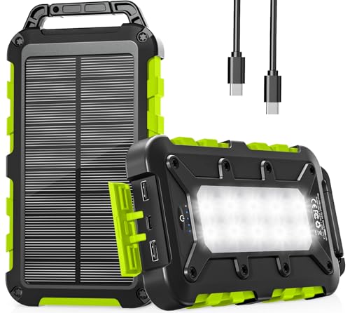 WOWMVP Batterie Externe Solaire 10000mAh, PD15W Chargeur Solaire Power Bank Portable USB C 3A Charge Rapide avec 3 Ports, Câbles et Lampe pour Smartphone, Tablette, Camping et Plus