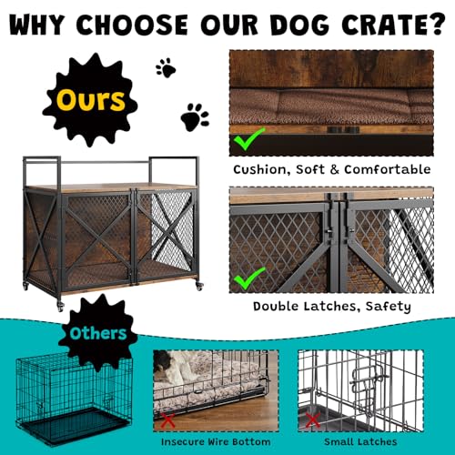 41 Inch Dog Crate Furniture, Heavy Duty Decorative Dog Cage with Lockable 360° Wheels, Double Door Dog Kennel End Table for for Small Medium Large Dog, Rustic Brown