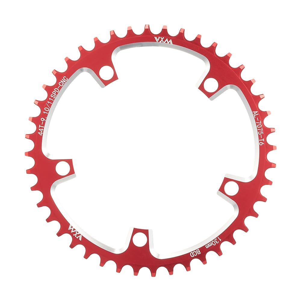 KTKEET 110/130BCD Chainring 36/38/40/42/44/46/48/50/52/54/56/58/60T Round Narrow Wide Chainring 5 Bolts Bicycle Chainwheel for 8-12 Speed Road Bike Folding Bicycle (Red,130BCD 44T)