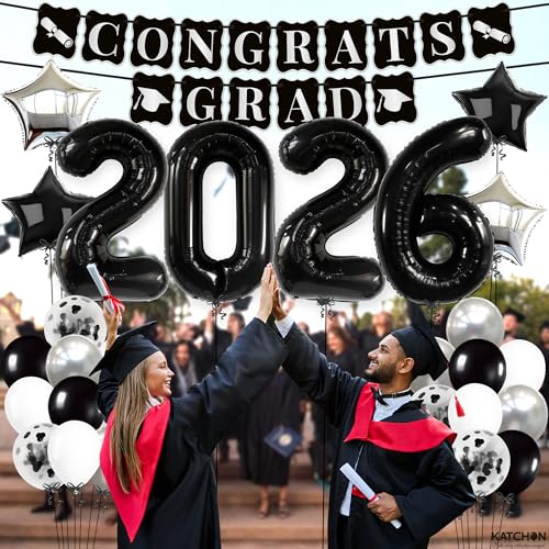 Image of KatchOn, Black and Silver Graduation Decorations 2026 Set - Huge, Pack Of 43 | 2026 Balloons, Congrats Grad Banner | Black Graduation Decorations 2026 | Black and White 2026 Graduation Decorations