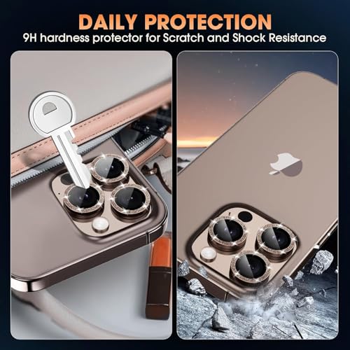 Image of CLITZ for iPhone 16 Pro /16 Pro Max Camera Lens Protector Bling Individual Metal Glitter Ring 9H Hardness Scratchproof Protector, Stylish Phone Accessories, Case Friendly (Glitter Titanium Desert)