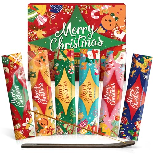 Christmas Incense Sticks Gift Set – 120 Holiday Scented Sticks with Holder - 6 Festive Fragrances: Apple Wreath, Chocolate Orange, Jasmine Sandalwood – Decorative Aromatic Kit for Home, Party