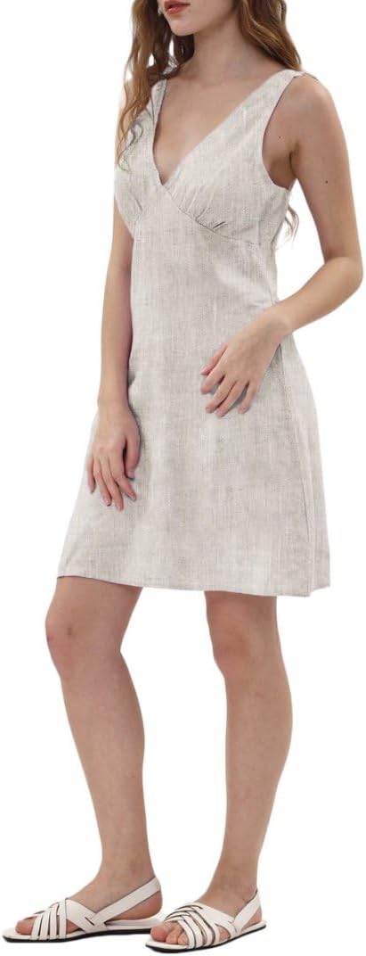 Amazhiyu Women's 100% Linen Sleeveless Summer Knee-Length V-Neck A-Line Dress - Image 3