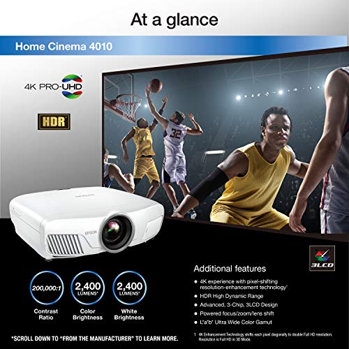 Image of Epson Home Cinema 4010 4K PRO-UHD Projector with Advanced 3-Chip Design and HDR with 100% Balanced Color and White Brightness and Ultra Wide DCI-P3 Color Gamut (V11H932020-N) (Renewed)