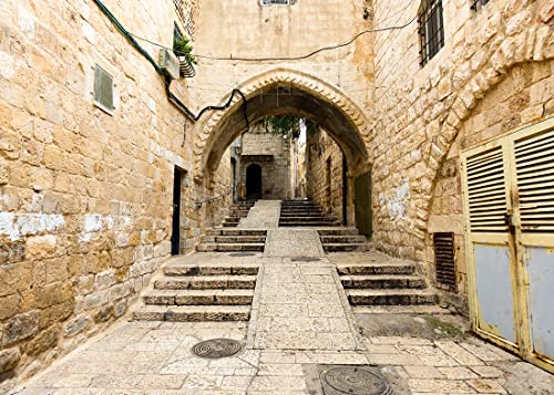 BELECO 8x6ft Fabric Jerusalem City Street Backdrop Old Alley with Arches Stairway, Ancient Jerusalem Brick Stone Wall Buildings Israel Background for Party Decor Photo Booth Studio Props