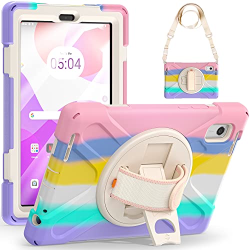 Juaupepo Robuuste hoes voor Lenovo Tab M9 [9 inch] 2023 (TB-310FU), draagbare hybride schokbestendige hoes met 360° draaibare haak- en lushandgreep, schouderriem (verblindend roze)
