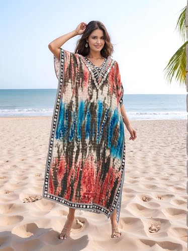 Image of IMAGEKOPE Kaftan Dresses for Women Plus Size Bathing Suit Cover up Vneck Batwing Dress Loose fit Moroccan Caftan mumu Dresses