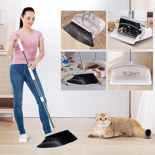 Image of Broom with Dustpan Combo Set, Hand Broom and Dustpan Set for Sweeping Indoor Angle Broom for Home Office Kitchen Lobby Floor Pet Hair Indoor&Outdoor Cleaning (White&Gray)