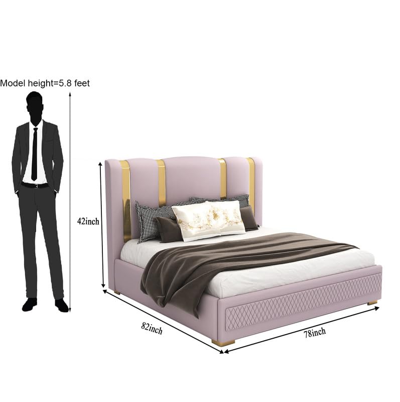 Image of STRATA FURNITURE Solid Wood King Size Bed with Box Storage and Upholstered Headboard | Modern Wooden Double Bed Cot Palang Furniture for Bedroom, Hotels, Living Room, Home (Light Purple)