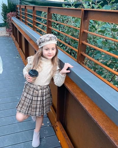 Miipat Toddler Girls Fall Winter Outfits Ruffle Knit Button Tops Plaid Mini Skorts 2Pcs Long Sleeve Set2