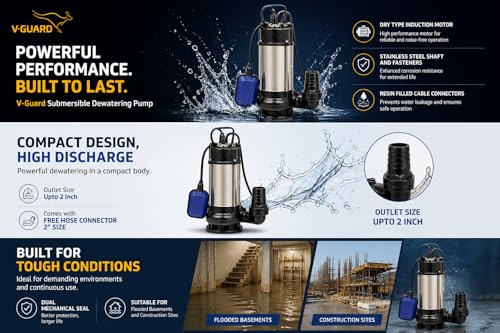 Image of V Guard Automatic, 1.5 Hp Single Phase, Electric Submersible Utility Drainage Water Pump(Multicolour), Corded Electric