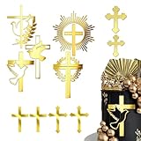 Tortenkreuz Kommunion Taufe Gold Acryl Dekoration, 11-teilig, verschiedene Designs, glänzende goldene Oberfläche, für Torten, Kuchen und Partys, wiederverwendbar, für Tauf-, Kommunion- und G