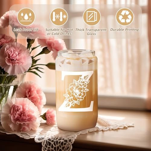 Image of Coolife Initial Glass Cup, Monogrammed Gifts for Women, 16 oz Tumbler w /Lid | Iced Coffee Smoothie Beer Tumbler w /Straw Lid - Personalized Christmas, Birthday Gifts for Woman Her Mom Friend