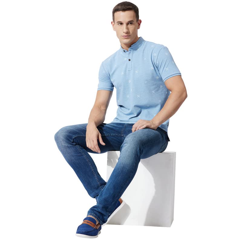 Image of FAHRENHEIT Men's Regular Poly Cotton Canoe Print Stand-Up Collar Polo T-Shirt
