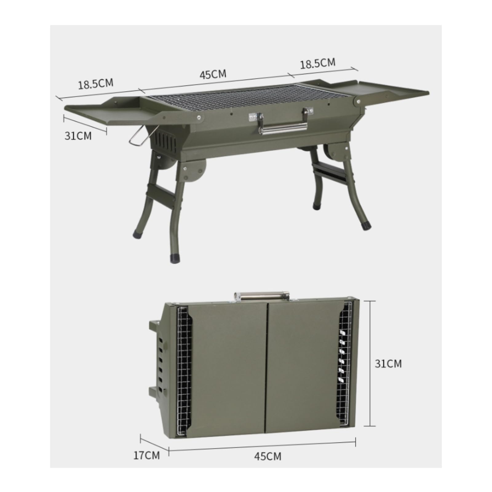 Gralara Barbecue a Carbone Pieghevole Co Barbecue Portatile con Ripiani Robusto Griglia Pieghevole con Maniglia per Campeggiatori, Famiglie, Picnic, Verde Militare, 82 30 35 Cm